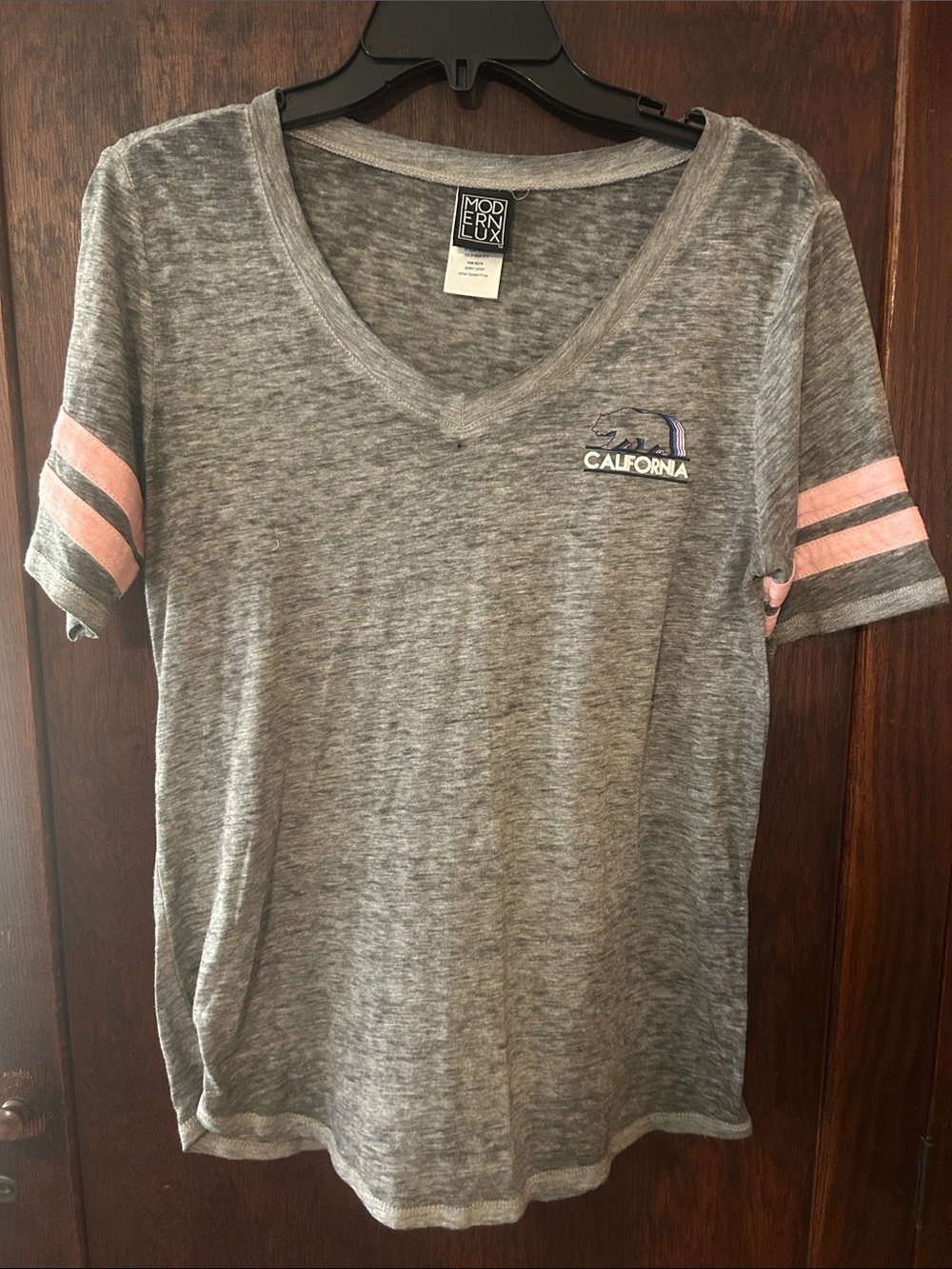 Modern Lux Gray V-Neck Tee with Pink Sleeve Stripes